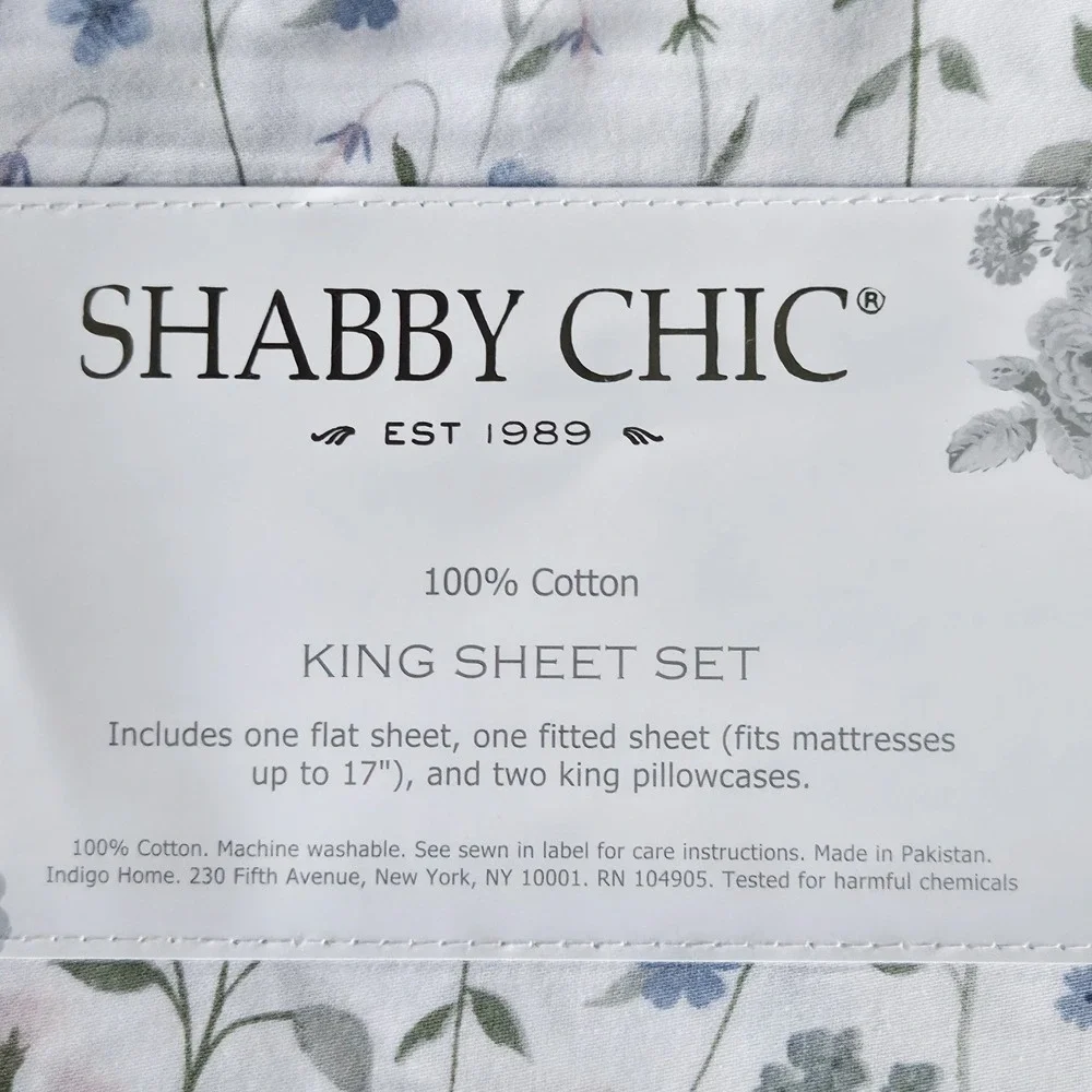 Shabby Chic 4pc Cottagecore Multi Floral Cotton King Sheet‎ Set White Background